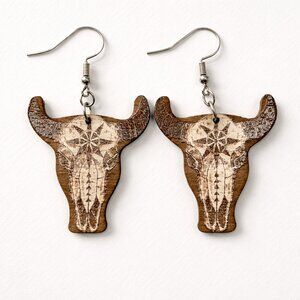Cow skull wooden laser cut coastal cowgirl westerncore unique earrings